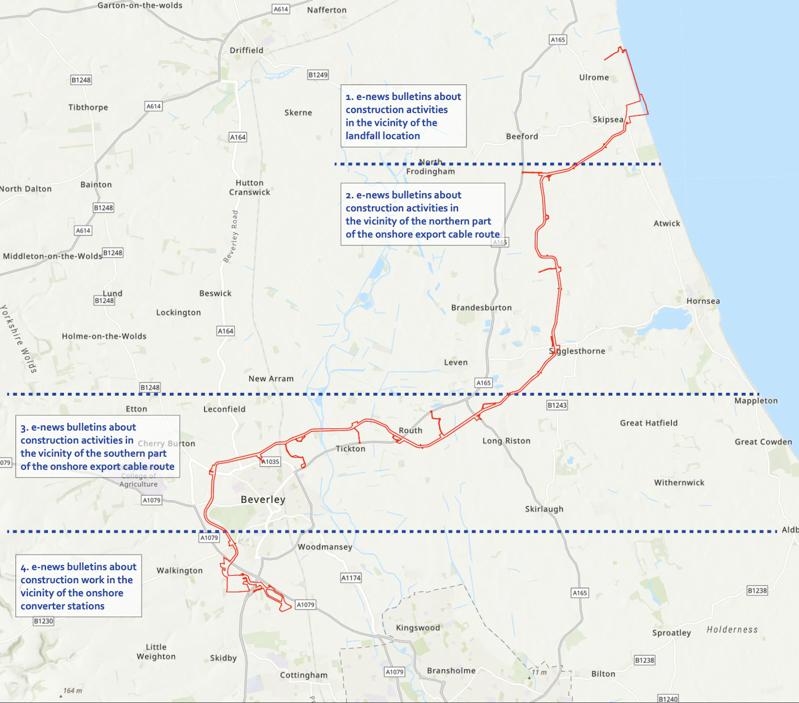 Map of the Dogger Bank South onshore route, divided by dotted lines into four numbered areas: 1. the landfall location, 2. the northern part of the onshore export cable route, 3. the southern part of the onshore export cable route, and 4. the onshore converter stations.